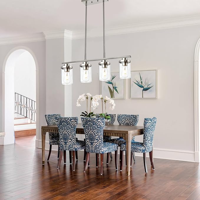 4-Light Dining Room Light Fixtures, Modern Kitchen Island Pendant Lighting Brushed Nickel Flush Mount Ceiling Hanging Lighting with Glass Shade Pendant Lights for Living Room Bedroom Hallway