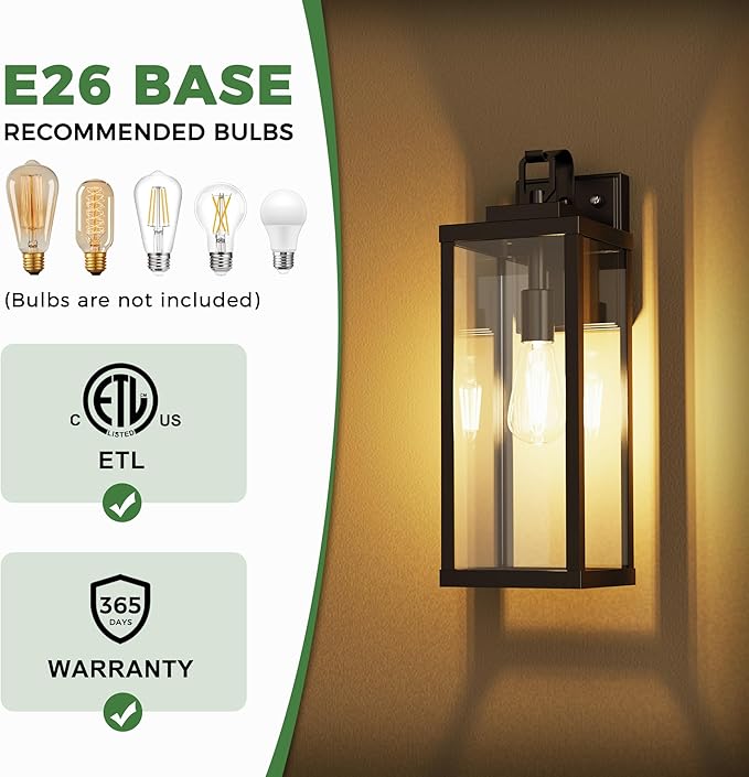 DORESshop 2-Pack Dusk to Dawn Large Outdoor Wall Lights 16 Inch, IP65 Waterproof Anti-Rust Exterior Wall Sconces, Matte Black Outdoor Light Fixtures with Clear Glass, ETL Listed for Porch Garage