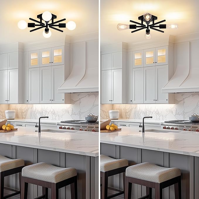 4-Light Sputnik Light Fixture Black Flush Mount Lights Industrial Semi Flush Lighting Fixtures Ceiling 19 inch Modern Farmhouse Ceiling Lights for Kitchen Bedroom Bathroom Foyer Hallway (E26) (2Pack)