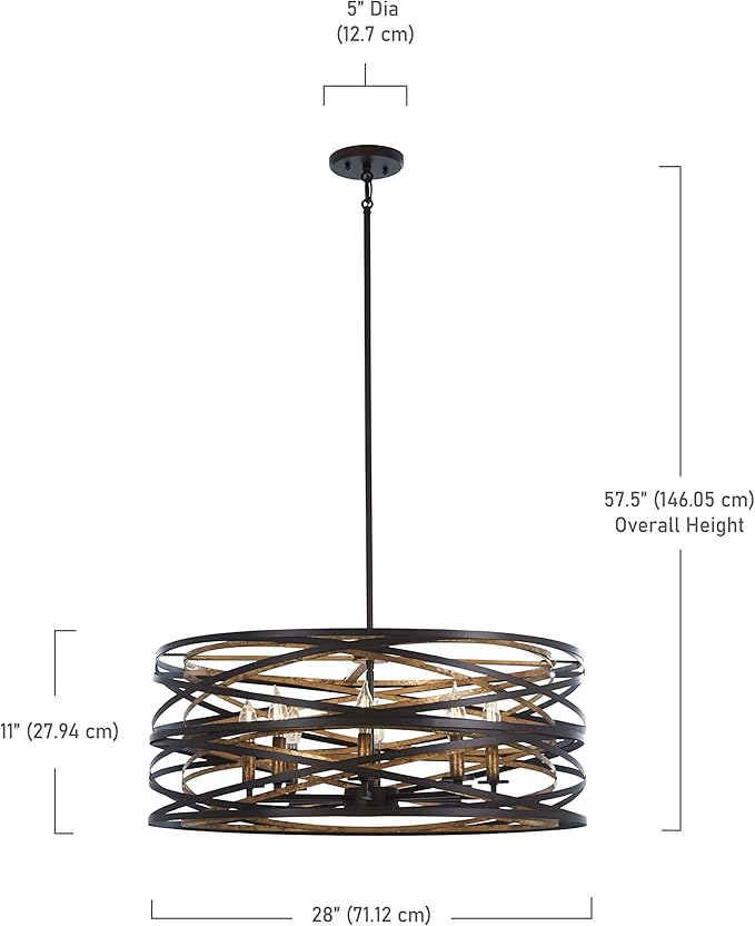 Minka Lavery Unique Pendant Ceiling Lighting 4678-111 Vortic Flow, 8-Light 480 Total Watts, 11" H x 28" W, Dark Bronze with Mosaic Gold Interior