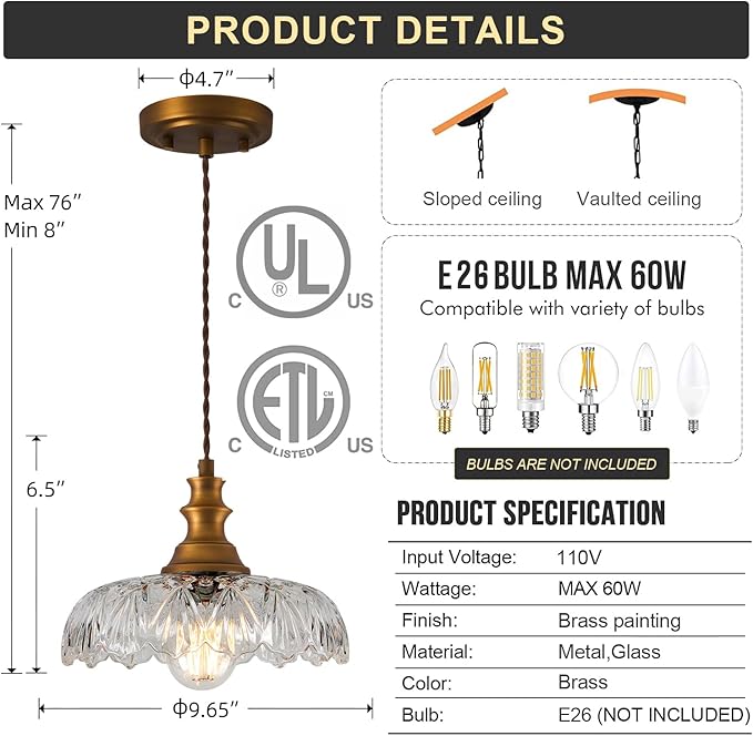 2 Pcs/Package Vintage/Antique Brass Glass Pendant Light Fixture Over Sink/Table for Kitchen Island,Farmhouse Gold Hanging Pendant Lights for Bedroom Hotel Dining Room