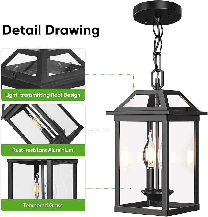WIHTU Large Outdoor Pendant Light with 2 Bulbs, 14.96" Modern Hanging Lantern Ceiling Mount, Waterproof Outside Chandelier Exterior Hanging Fixture with Tempered Glass for Porch