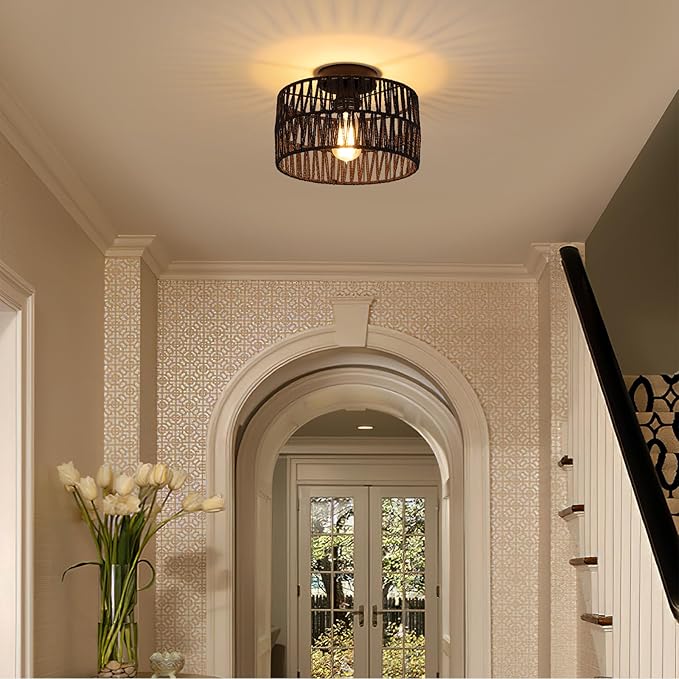 Coastal Black Woven Flush Mount Light Fixture Rustic Industrial Hemp Rope Round Flush Mount Ceiling Light for Hallway Bedroom Farmhouse Kitchen Entryway Hall, Black