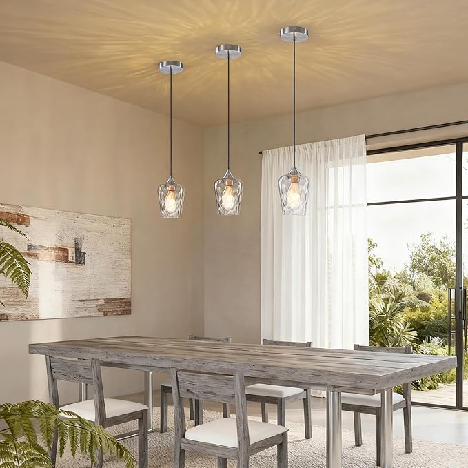 3 Pack 5.1" Kitchen Pendant Lights, Small Brushed Nickel Hammered Glass Pendant Light Fixtures, Mini Modern Pendant Lights Kitchen Island Lighting for Dining Room Over Sink