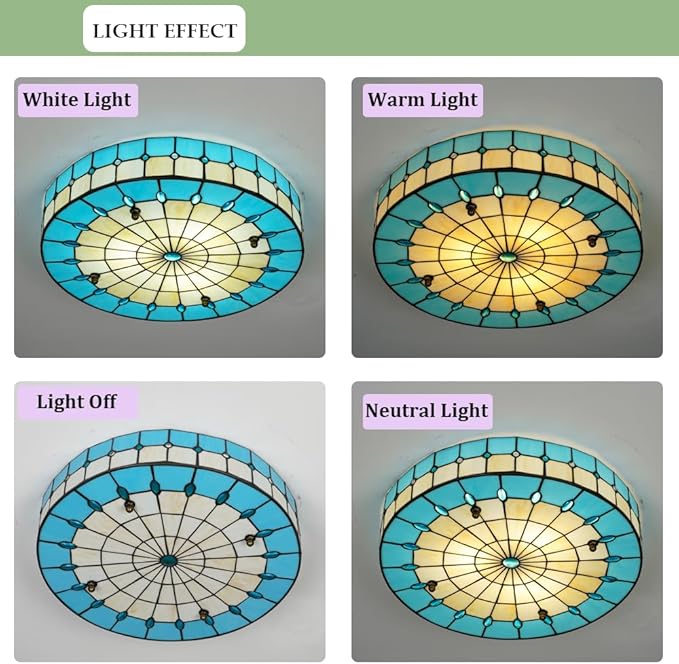 Blue Tiffany Style Ceiling Light, Elegant Stained Glass Flush Mount Ceiling Light, Decorative Round Ceiling Lamp for Bedroom, Entryway (15.7")