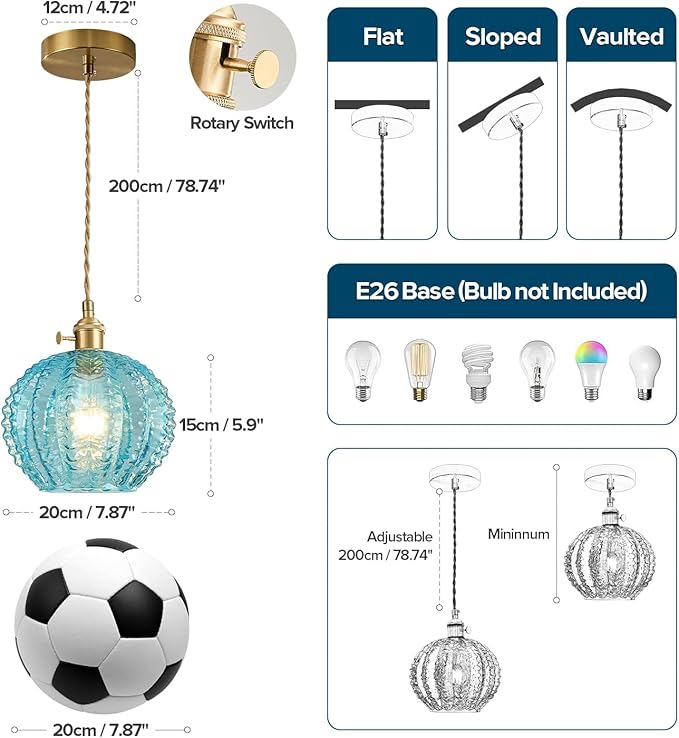 Blue Vintage Glass Ceiling Pendant Light Modern Small Globe Pendant Lights Hanging Light Fixture Applicable Staircases Lighting for Kitchen Sink Dining Room Bedroom Dining Room
