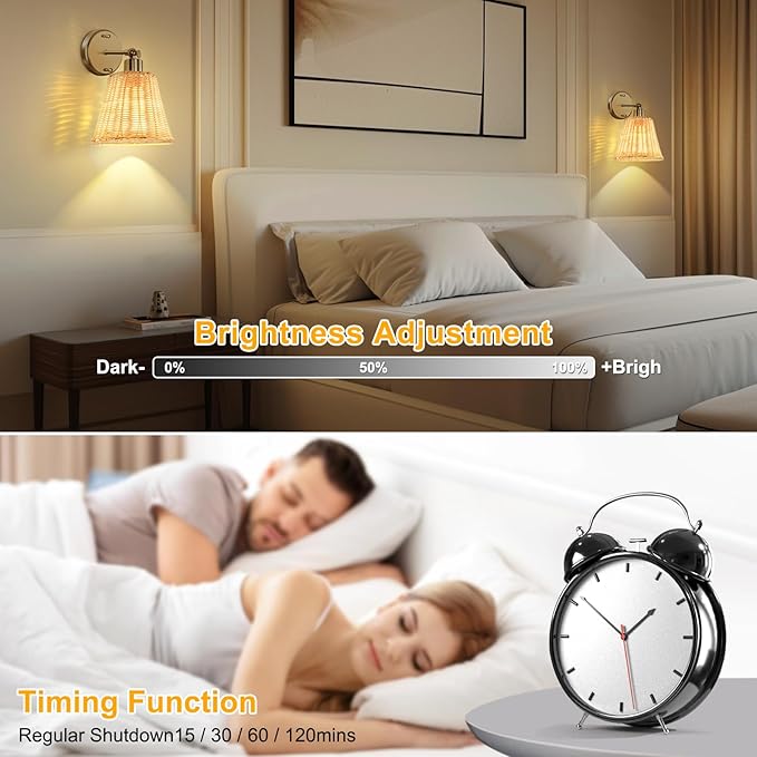 Frideko Rattan Rechargeable Battery Operated Wall Sconces Set of Two with Remote, 3 Colors Dimmable Wireless Wall Light, 5200mAh Indoor Wall Lamp with 4 Timer, Boho Sconces Wall Lighting for Bedroom