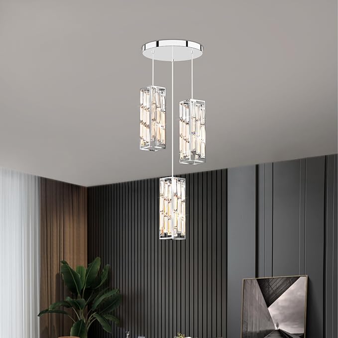 3-Light Chrome Pendant Lights Modern Pendant Light Fixture, Mini Crystal Pendant Ceiling Light, Pendant Light for Kitchen Island, Dinning Room, Bedroom, Kitchen Sink Lighting (3 Lights)