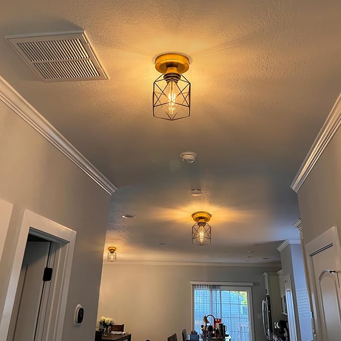 Industrial Ceiling Light, Gold and Black, Metal Cage Shade, Semi-Flush Mount, Geometric Design Caged, Mini