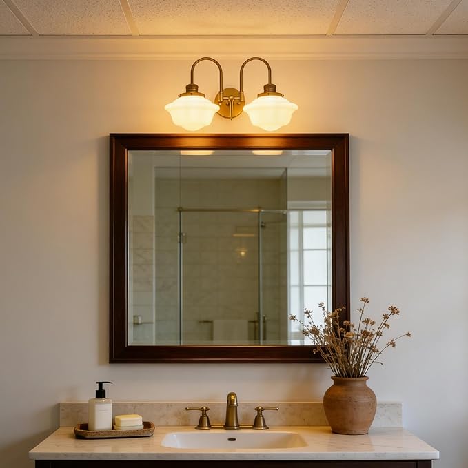 Pathson Vintage Milk White Wall Sconces, 2-Lights Hardwired Glass Bathroom Vanity Light Double Metal Curved Arms, Wall Painting Sconce Lamps Decor for Mirror, Living Room, Loft, Stairwell, Foyer