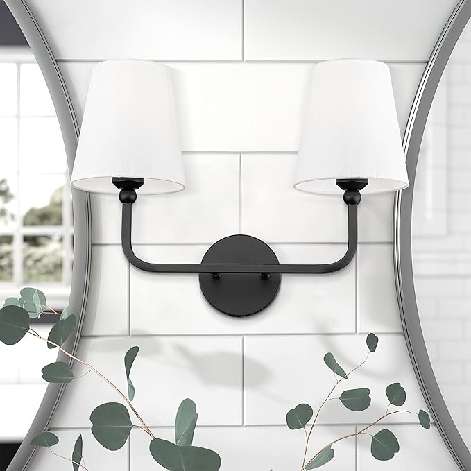 2-Light Bathroom Light Fixtures, Matte Black Vanity Lights, Double Wall Sconce with Flared White Fabric Shade, Modern Sconces Wall Lighting for Hallway Bedroom Stairway, VL837-MB-2-S
