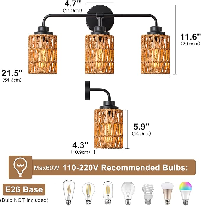 3-Light Bathroom Light Fixtures Vanity Lights Over Mirror, Rustic Farmhouse Rattan Wall Sconce with Boho Hand Woven Wall Lamp Natural Style Wall Mounted Light Vanity Lighting for Bedroom Hallway