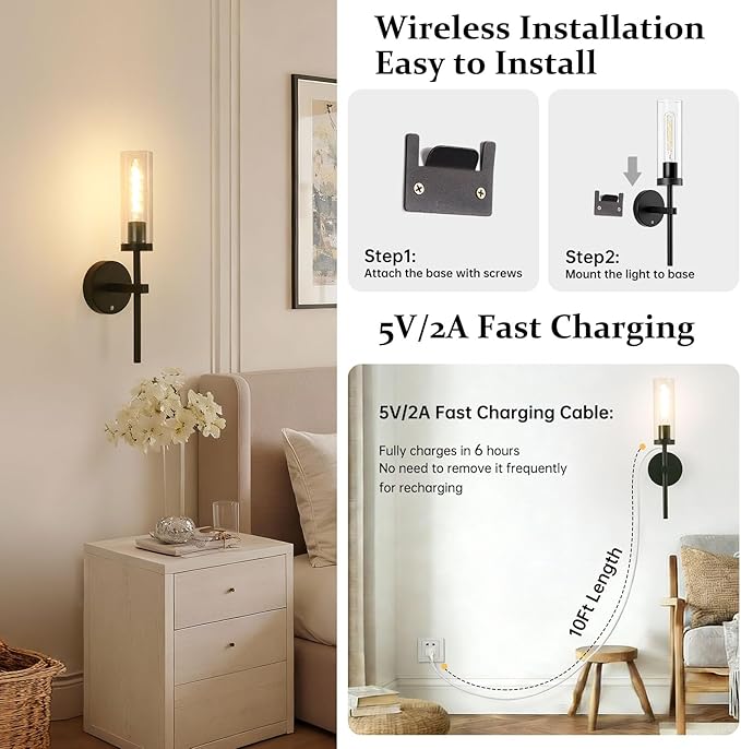 Shenmoyl Battery Operated Wall Sconces Set of 2, Black Rechargeable Wall Lighting Fixtures, Dimmable Wall Lights with Remote & Clear Glass Shade for Living Room, Bathroom,Bedroom