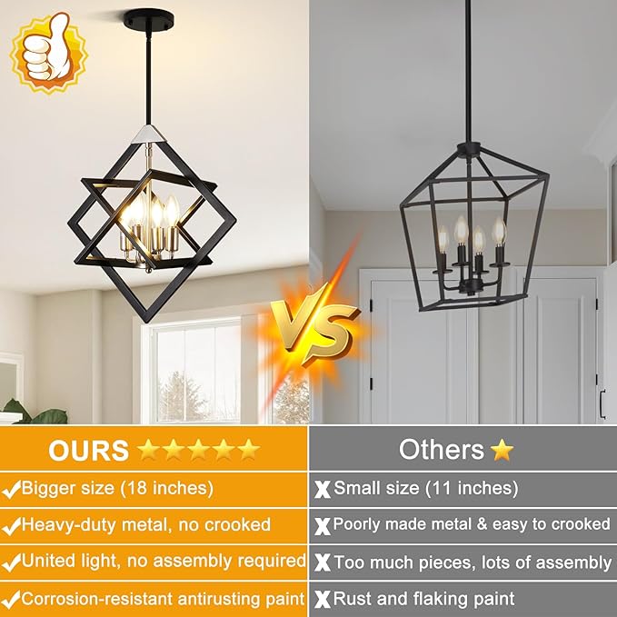 18" Modern Pendant Lights Kitchen Island, 4-Light Black + Brushed Nickel Pendant Light Fixtures, Farmhouse Chandelier Kitchen Island Lighting, Hanging Pendant Lights for Kitchen Island Entryway