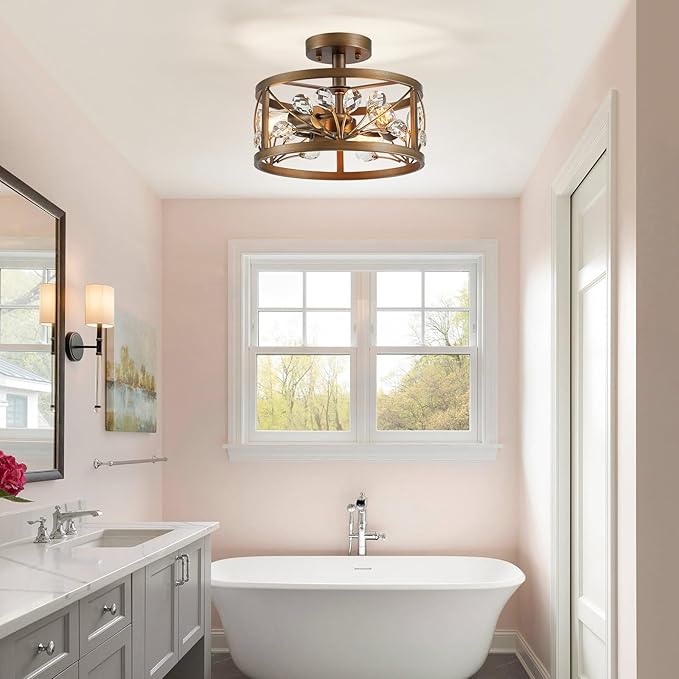 WUZUPS Crystal Leaf Chandelier 3-Light Vintage Farmhouse Industrial Semi-Flush Mount Ceiling Light Modern Lighting Fixture Foyer Hallway Storage Room Kitchen Bathroom, H 8.5" W 12", Oil Rubbed Bronze