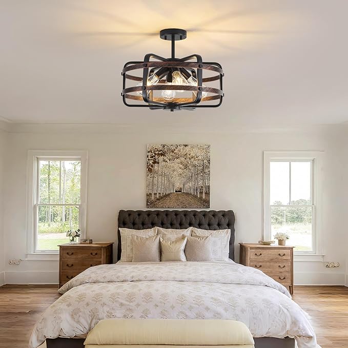 17.71'' Farmhouse Cage Semi Flush Mount Ceiling Light Fixture 4-Light Rustic Metal Ceiling Lighting Industrial Light Fixtures Vintage Ceiling Mount Black Chandeliers for Dining Room Kitchen Foyer E26