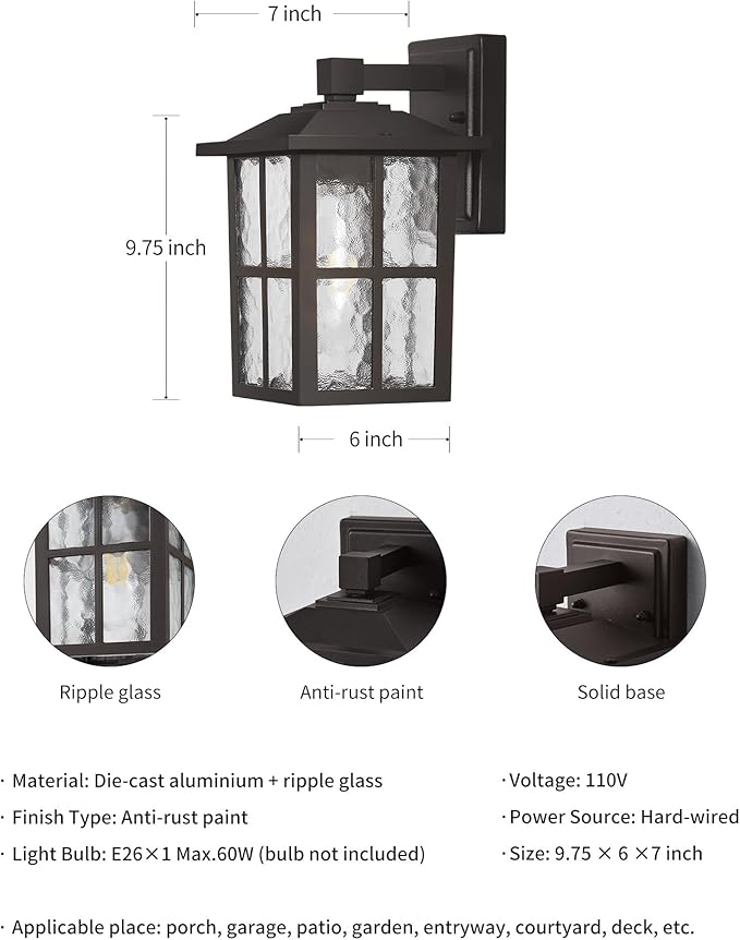 KDG Outdoor Waterproof Patio Wall Light Fixtures Set of 2, Brown E26 Socket Exterior Lanterns with Tempered Glass, Modern Wall Mounted Lamp Suitable for Home, Front Door, Garden, Garage, Porch