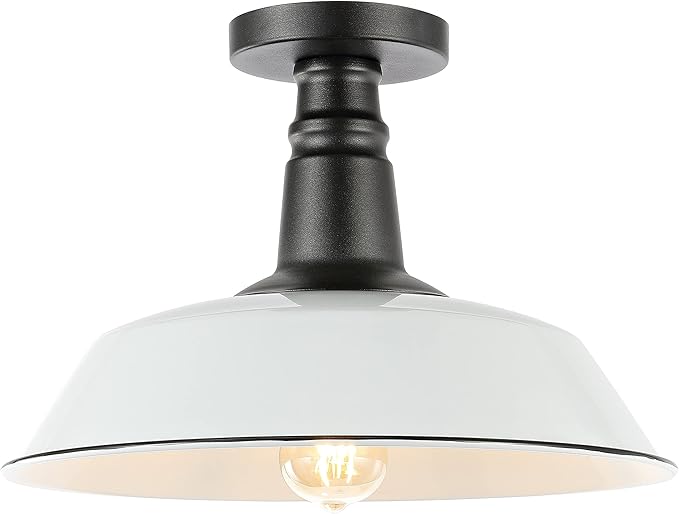 JONATHAN Y 14" White/Black 1-Light Industrial LED Semi Flush Mount Ceiling Light for Porch, Kitchen, Entryway, Modern Farmhouse Iron Fixture, White Metal Shade, LED Bulb Included JYL7617A