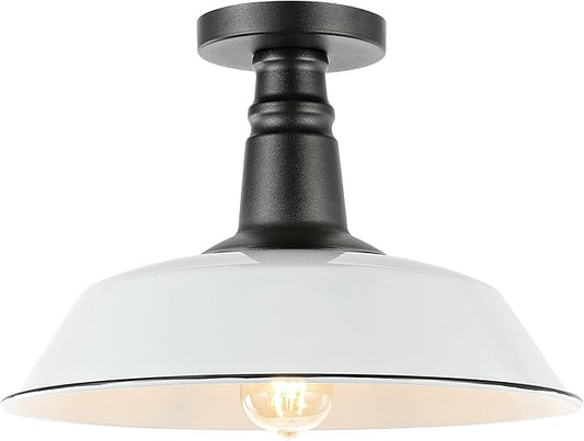 JONATHAN Y 14" White/Black 1-Light Industrial LED Semi Flush Mount Ceiling Light for Porch, Kitchen, Entryway, Modern Farmhouse Iron Fixture, White Metal Shade, LED Bulb Included JYL7617A