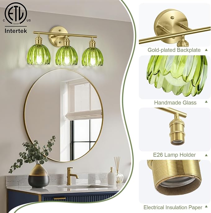 Vintage Bathroom Light Fixtures,3-Light Hardwired Vanity Lights with Green Tulip Glass Shade,Gold Bathroom Vanity Light for Mirror Restroom,E26 Socket,18.5 in(Bulbs Not Included)