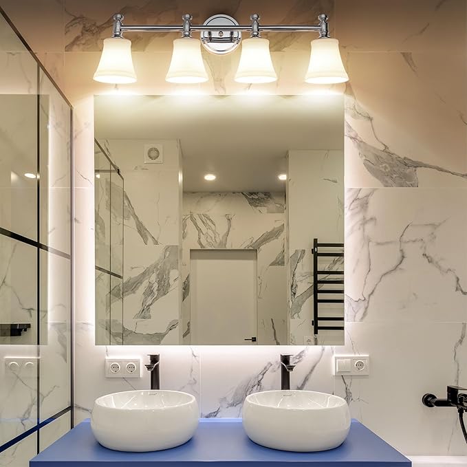Bathroom Vanity Light Fixtures, Traditional Chrome 4 Lights Wall Sconce Lighting with Opal Glass Shade, Porch Wall Mount Light Fixture for Bathroom, Mirror Cabinets Hallway Stairs