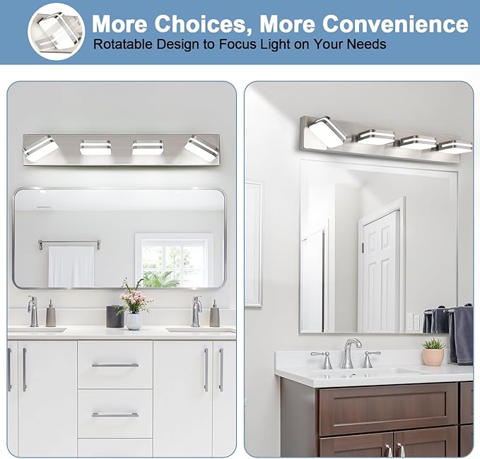360° Rotate LED Bathroom Vanity Light Fixtures, 1600LM Acrylic Brushed Nickel Vanity Lights for Bathroom, Modern Wall Lighting Fixtures Over Mirror Kitchen Living Room (Natural White Light 5000K)