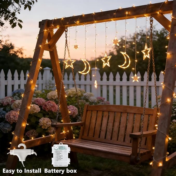 138 LED Star Moon Lights, Twinkle Christmas Curtain String Lights with 8 Modes, Battery Operated Fairy Star Moon with Hooks, Hanging Decor for Ramadan, Bedroom, Wedding, Warm White