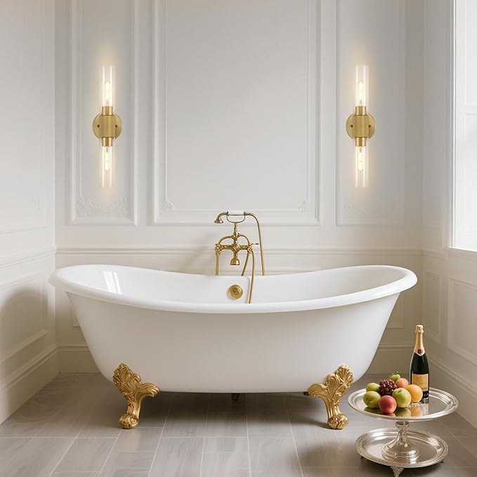 BYOLIIMA Gold Knurled Texture Wall Sconce Clear Glass Shade Modern Bathroom Vanity Light Fixtures 2-Lights Mid Century Wall Light for Mirror Living Room Hallway E26 T10 Bulbs(Excluded)