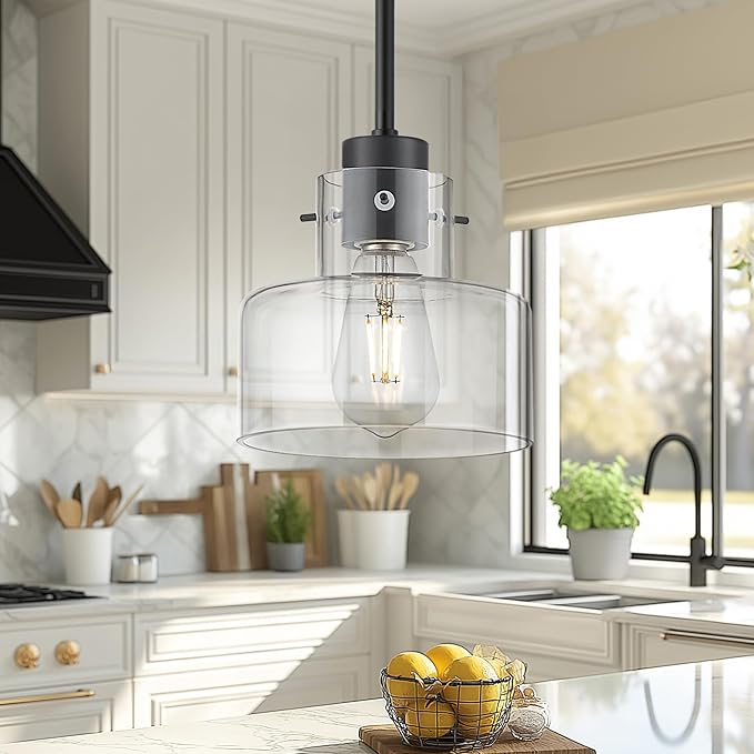 Matte Black Pendant Lights Kitchen Island, 6" Pendant Light Fixtures Over Island with Clear Glass Shade, Modern Kitchen Island Lighting for Dining Room Entryway, PL124-MB-G-1PK