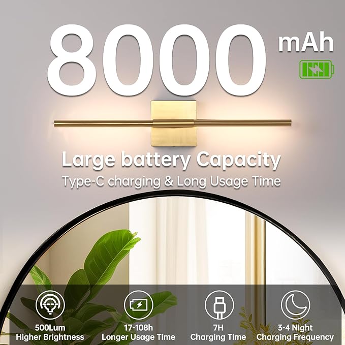 Shenmoyl Battery Operated Wall Sconce Set of 2, 8000mAh Wireless Wall Sconces, 3000K-6000K Dimmable, 350°Rotate, Indoor Wall Lights for Bedroom Living Room Bathroom, Gold, 23.6 Inch