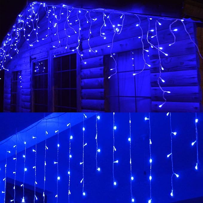 Icicle Lights 90 LED 10 ft Short Curtain Lights with 8 Modes Remote Control,Powerd by USB & Battery - Waterproof Fairy String Lights for Indoor & Outdoor,Holiday,Party,Window Decoration(Blue)