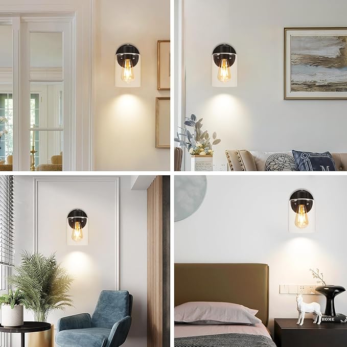 Kalium Wall Sconces, Matte Black Vanity Light Fixtures, Indoor Wall Lights with Clear Glass Shade, Hardwired Farmhouse Wall Lamp for Bedroom Living Room Bathroom (E26 Base 1pcs)