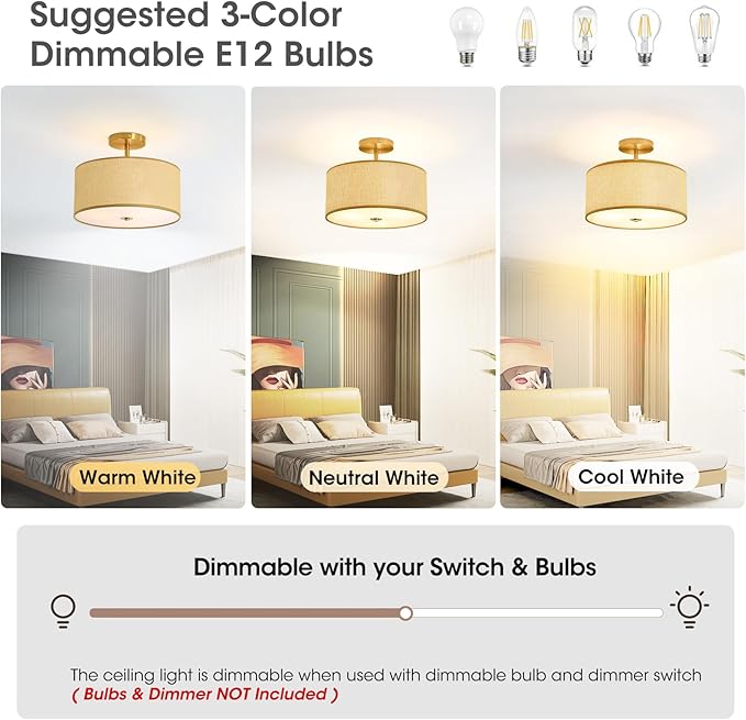 Fabric Semi Flush Mount Lighting Fixture, Modern Semi Chandeliers, Drum Farmhouse Ceiling Light, Beige Fabric Shade 3-Light for Kitchen Island Bedroom Hallway Foyer, E26, W12xH14