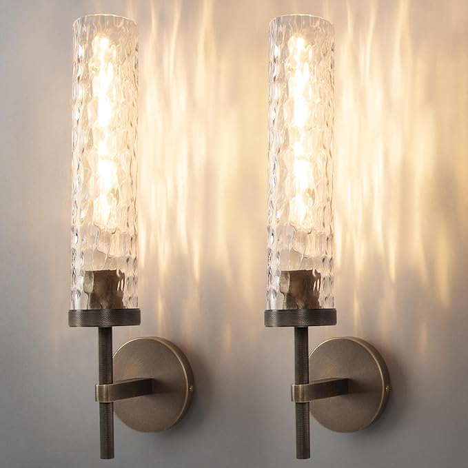 Bronze Wall Sconces Set of 2, 19.5" Brushed Brass Knurled Bathroom Wall Sconces with Water Ripple Glass Shade, Dimmable Indoor Vanity Wall Light Fixtures for Living Room Hallway Bedroom