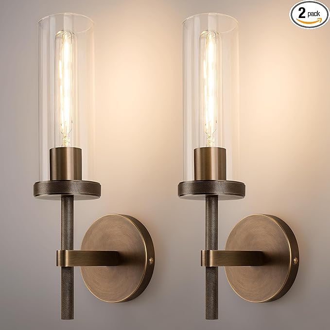 15" Knurled Brass Wall Sconces Set of 2, Bronze Bathroom Vanity Light Fixtures with Clear Glass Tube, Modern Lamp Lighting for Bedroom, Living Room, Hallway, Staircase, Mirror, Kitchen