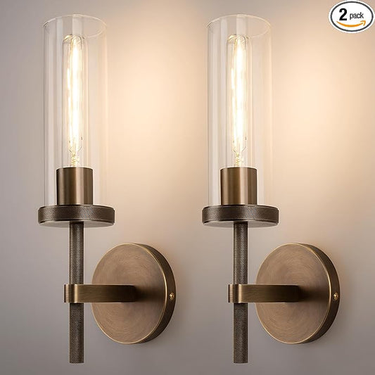 15" Knurled Brass Wall Sconces Set of 2, Bronze Bathroom Vanity Light Fixtures with Clear Glass Tube, Modern Lamp Lighting for Bedroom, Living Room, Hallway, Staircase, Mirror, Kitchen