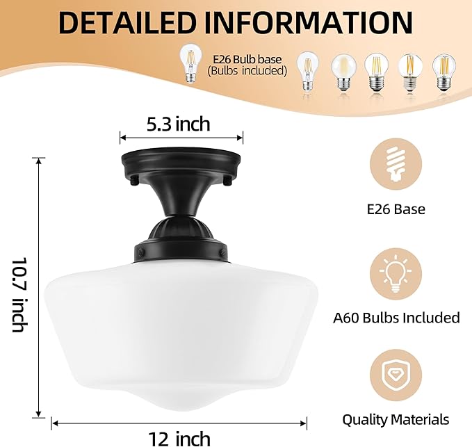 Bagood 12" Milk Glass Lights Fixture Schoolhouse Light Fixture Mid Century Light School House Lights Fixtures Ceiling Semi Flush Mount Ceiling for Bathroom Bedroom (Bulb Incl.)