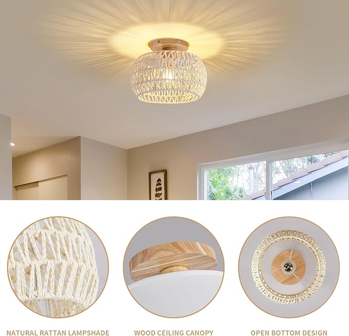 Boho Rattan Ceiling Light Fixture - 3 Style Options Wicker Semi Flush Mount Ceiling Lights,Beige Coastal Light Fixtures,Bohemian Woven Basket Chandelier for Hallway Bedroom Nursery Kitchen Laundry