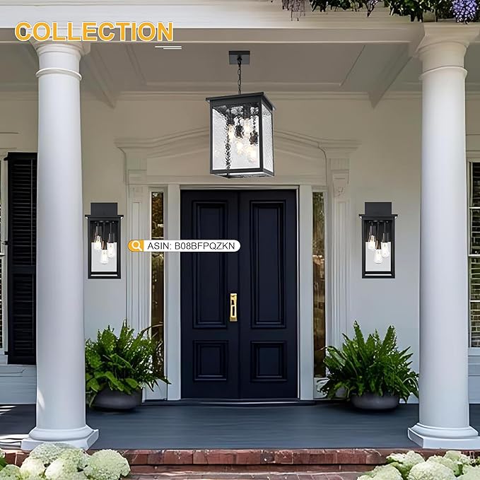 TODOLUZ Large 4-Light Outdoor Pendant Light Fixture, Exterior Hanging Porch Lighting with Hammered Glass for Foyer Entryway, Adjustable Long Chain & E26 Bulb Base