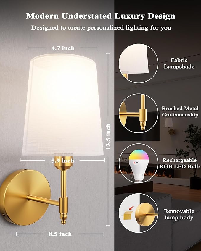 Ouyulong Battery Operated Wall Sconces Set of 2, Wireless Rechargeable Dimmable Wall Light with RGB Bulb and Remote for Bedroom, Living Room, Hallway (Gold)