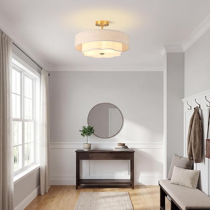 3-Light Drum Semi Flush Mount Ceiling Light, 17.7" Modern White Drum Ceiling Lighting Fixture,Vintage 2-Layer Linen Ceiling Lamp for Dining Room,Kitchen, Basement, Bedroom, Laundry Room
