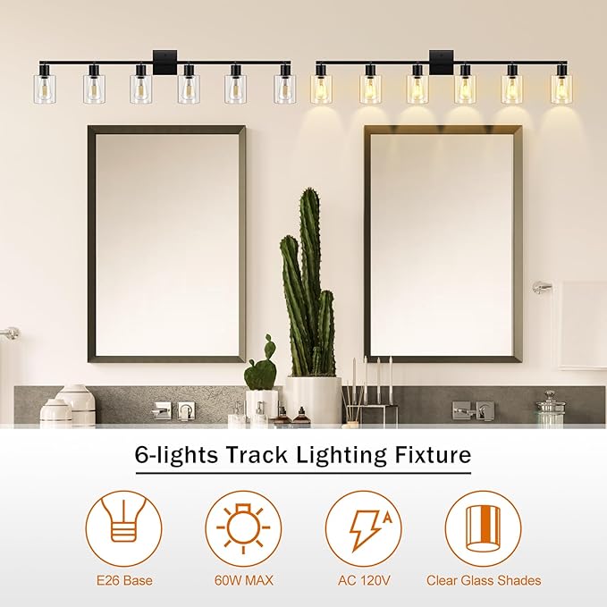 Track Lighting Fixtures Ceiling, 6-Light Track Light with Clear Glass Shade, 45" Modern Kitchen Lighting Ceiling with Rotatable Track Head, Black Wall Light for Vanity Hallway Bedroom(E26, No Bulb)