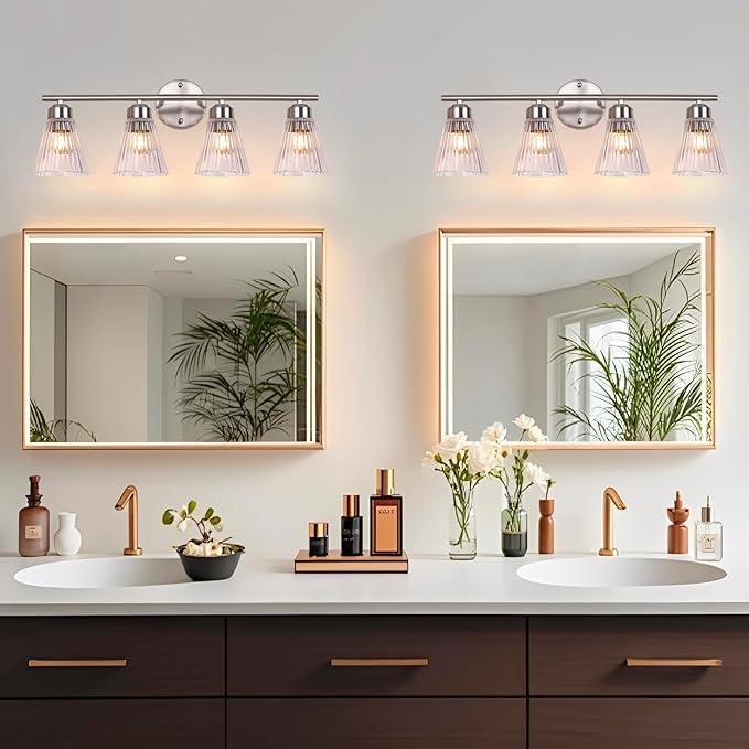 4-Light Bathroom Vanity Light, Brushed Nickel Bathroom Light Fixtures Over Mirror with Stripe Glass, Modern Wall Lamp, Wall Sconces Lighting for Living Room Bedroom Kitchen Hallway