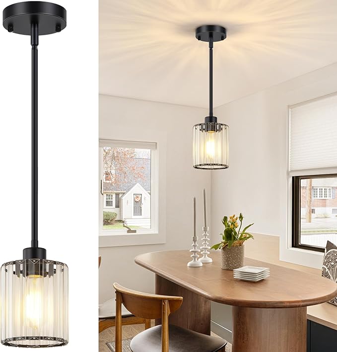 1 Pack Black Pendant Light, Modern Kitchen Island Lighting with Clear Crystal Shade, Adjustable Height Rods Hanging Light Fixtures, Mini Ceiling Pendant Lights for Sink Dining Table Hallway