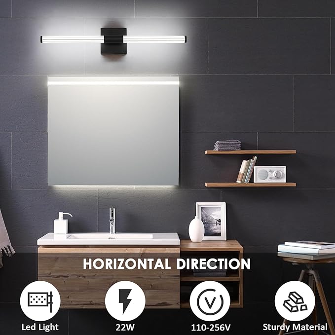 Modern LED Vanity Light, 360° Full Lighting Bathroom Light Fixture Over Mirror, 22W 5500K Cool White, Hardwired Wall Sconce, 23.6 Inch, Black