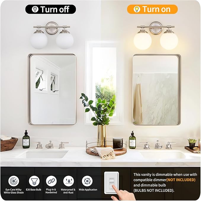 Rayogale Bathroom Light Fixtures, 2-Light Nickel Vanity Lights Over Mirror with White Glass Shade, 15 Inch Bathroom Wall Sconces for Bedroom Living Room (Bulbs Not Included)
