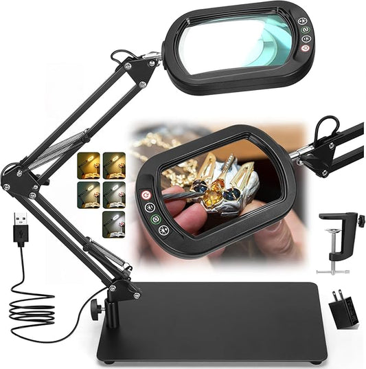 Veemagni 10X Magnifying Glass with Light and Stand, Rectangle Real Glass, 5 Color Modes Dimmable 2-in-1 LED Lighted Desk Lamp & Clamp, Hands Free Magnifier for Reading Craft Repair Painting Close Work