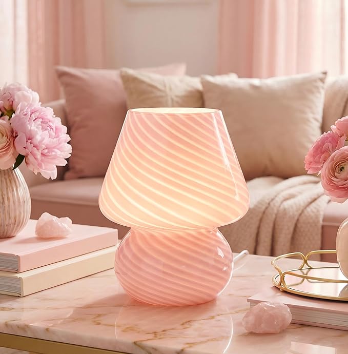 ULAROOM Dorm USB Plug-in Mushroom Lamp Small Bedside Table Lamp with 3 Temperature LED Bulb, Free Dimming Nights Light for Bedroom/Living Room/Entryway/Corner/Table Decor (Stripe Pink)