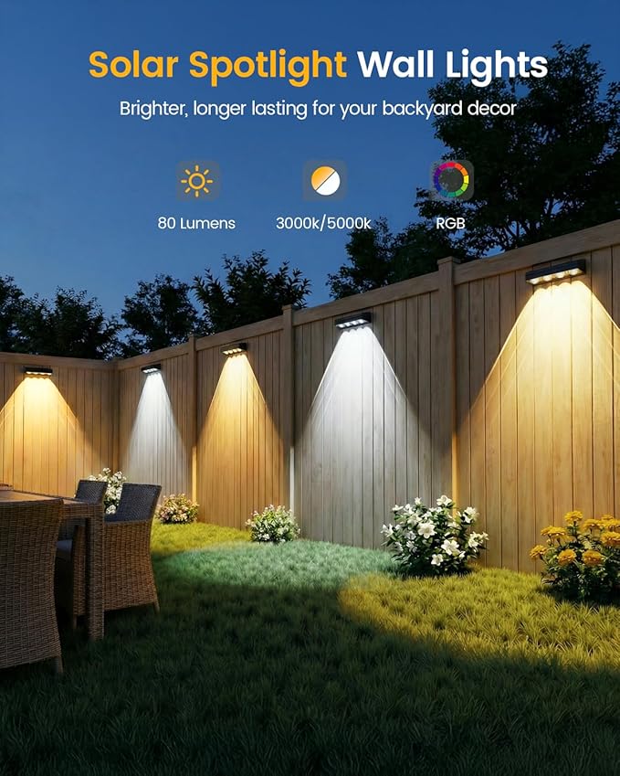 JOFIOS Fence Lights Solar Powered 12 Pack, Warm White, Cool White and RGB Color Glow LED Solar Lights Outdoor, IP65 Waterproof Solar Fence Lights for Patio, Backyard, Railing, Deck and Wall