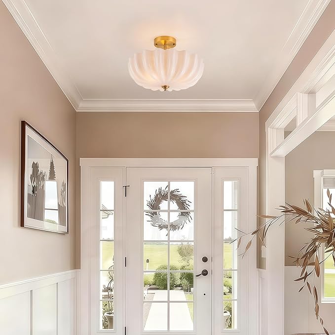 Milk Glass Ceiling Light Fixture, 15.7'' Vintage Gold Semi Flush Mount Ceiling Light, 3-Light Brass Modern Ceiling Light for Hallway Entryway Foyer Living Room,E26